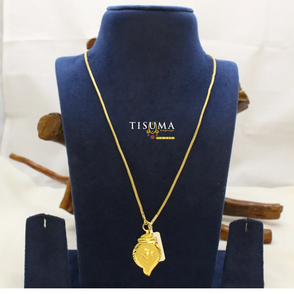 Traditional South Indian Gold Plated Sacred Shankh Conch Motif Om Dollar Pendant with Textured Wheat Chain for Women and Men